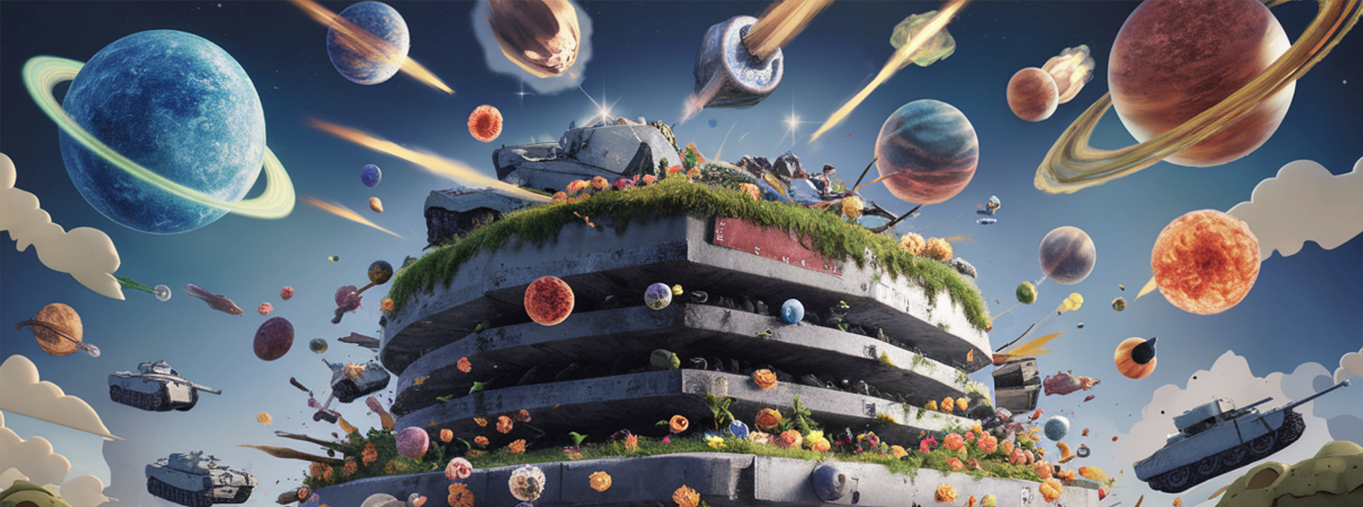 Illustration d'un bunker et des meteorites, des chars d'assaut, des planètes qui tombent du ciel