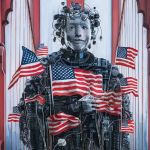 Un robot avec des drapeaux US sur le point rouge de SanFrancisco