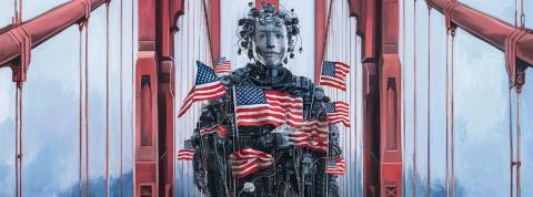 ChatGPT & Co : les nouvelles armes du soft power de l’Amérique ? Un robot avec des drapeaux US sur le point rouge de SanFrancisco