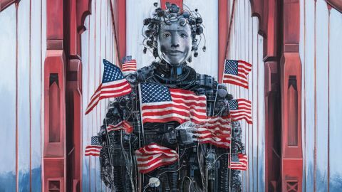 Un robot avec des drapeaux US sur le point rouge de SanFrancisco
