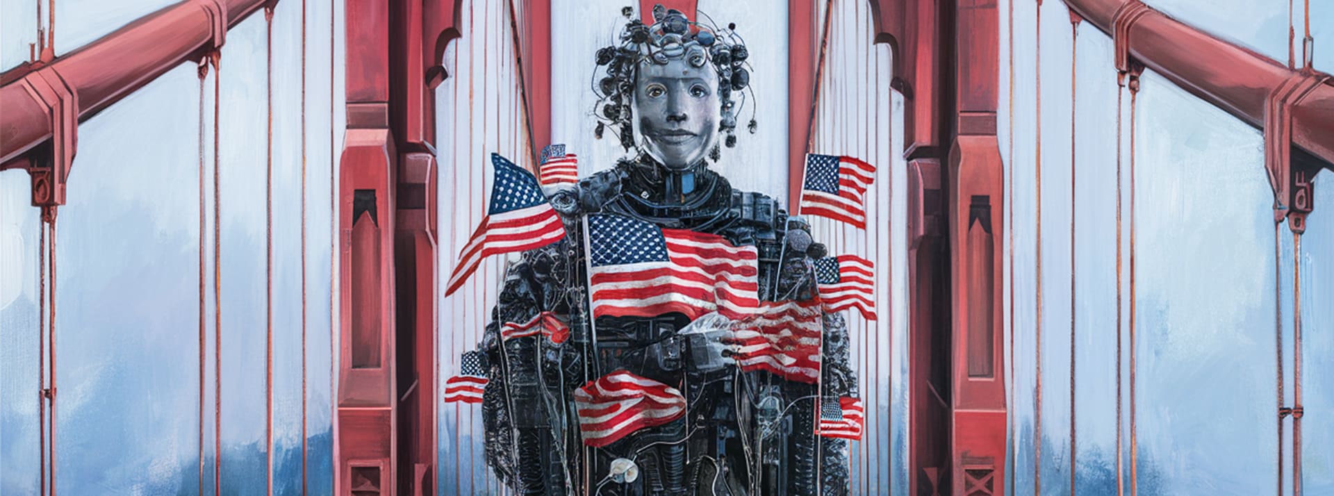 ChatGPT & Co : les nouvelles armes du soft power de l’Amérique ? - L'ADN Un robot avec des drapeaux US sur le point rouge de SanFrancisco