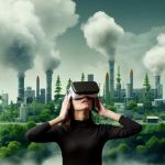 Femme avec un casque de réalité virtuelle et en arrière plan des cheminées qui recrachent des fumées