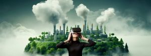 Femme avec un casque de réalité virtuelle et en arrière plan des cheminées qui recrachent des fumées