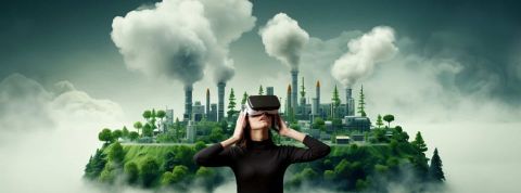 Metavers et mondes virtuels : un défi énergétique et environnementales-defis-environnement-energie-carbone Femme avec un casque de réalité virtuelle et en arrière plan des cheminées qui recrachent des fumées