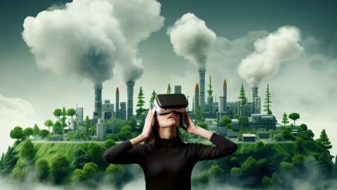 Femme avec un casque de réalité virtuelle et en arrière plan des cheminées qui recrachent des fumées