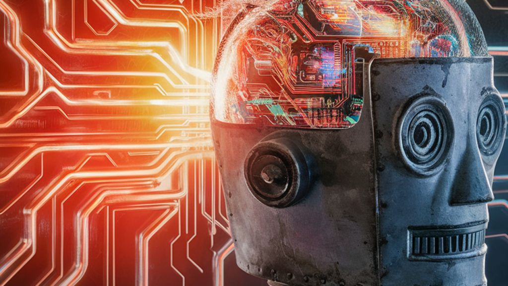 Accrochez-vous, les médias générés par IA sont en train d'arriver Un robot à l'ancienne en métal avec un cerveau digital transparent