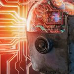 Un robot à l'ancienne en métal avec un cerveau digital transparent