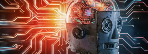 Accrochez-vous, les médias générés par IA sont en train d'arriver Un robot à l'ancienne en métal avec un cerveau digital transparent