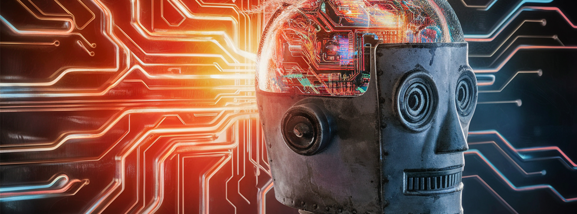 Accrochez-vous, les médias générés par IA sont en train d'arriver - L'ADN Un robot à l'ancienne en métal avec un cerveau digital transparent