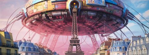 La Tour Eiffel surplombée d'une grosses machine personnalisant l'IA avec des connections