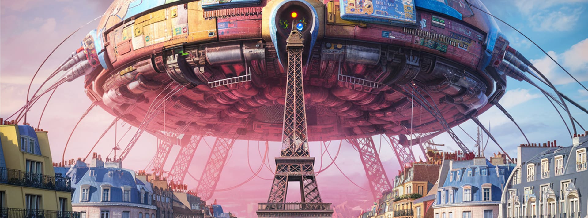 - L'ADN La Tour Eiffel surplombée d'une grosses machine personnalisant l'IA avec des connections