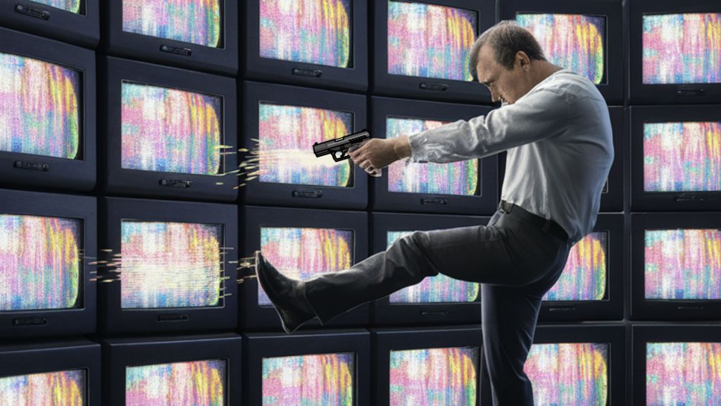Illustration d'un homme qui se tire une balle dans le pied devant un mur d'écrans de TV