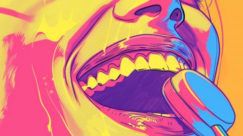 Illustration par IA d'une voix souriante proche d'un micro de téléphone