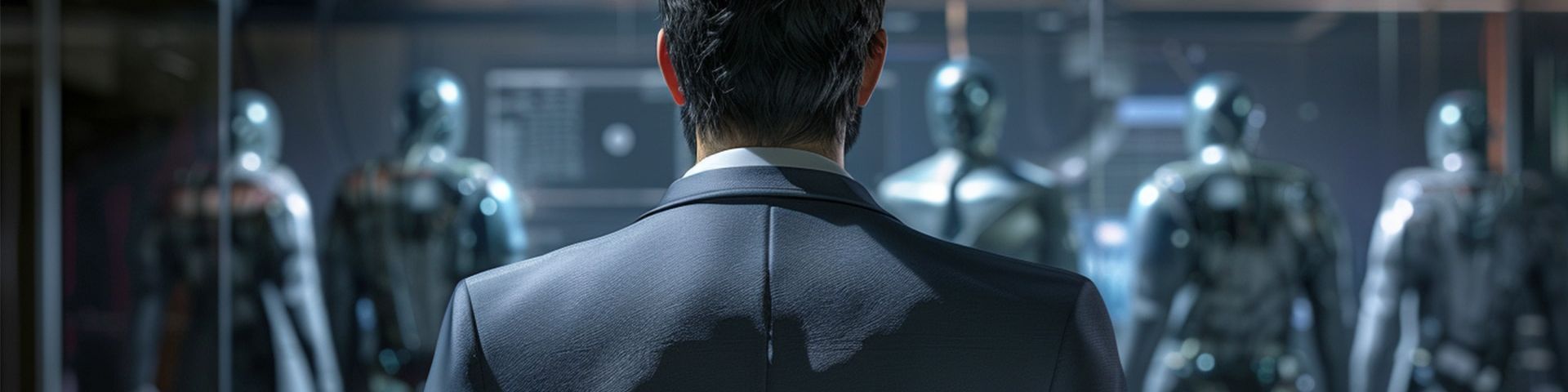 Un homme de dos et des humanoides floutés dans le fond