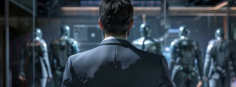L'IA ou « l’illusion de l’ersatz parfait » : quand nous comprendrons (enfin) comment bosser avec les IA Un homme de dos et des humanoides floutés dans le fond