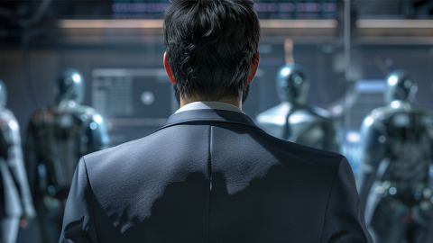 Un homme de dos et des humanoides floutés dans le fond