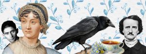 Franz Kafka, Jane Austen, Edgar Allan Poe, un corbeau noir, une tasse de thé