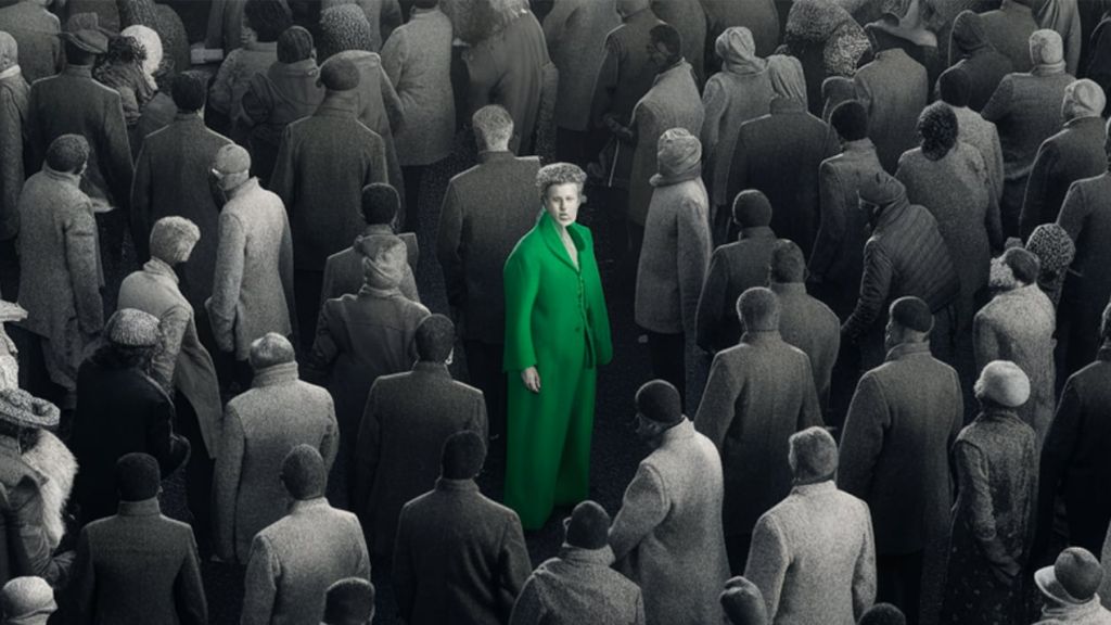 Une foule grise et un homme en costume vert au milieu