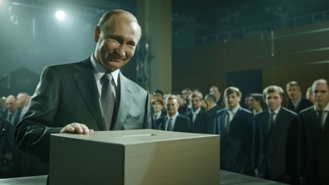 Poutine devant une urne avec un petit sourire