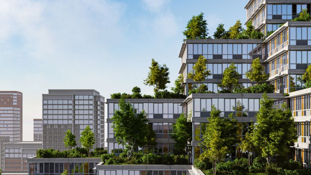 Un immeubel moderne avec de grandes terrasses très végétalisées