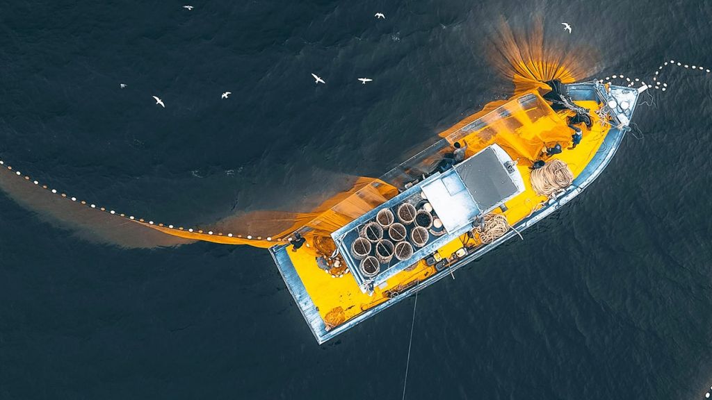 Un grand bateau de pêche vu du ciel