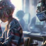 Des jeunes dans une classe avec des cerveaux-casques digitaux