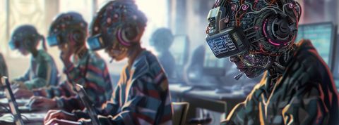 « ChatGPT ? Fait mes devoirs » : l'IA est-elle un outil de triche ou un copilote de l'apprentissage ? Des jeunes dans une classe avec des cerveaux-casques digitaux
