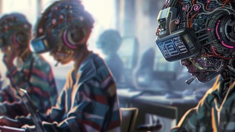 Des jeunes dans une classe avec des cerveaux-casques digitaux