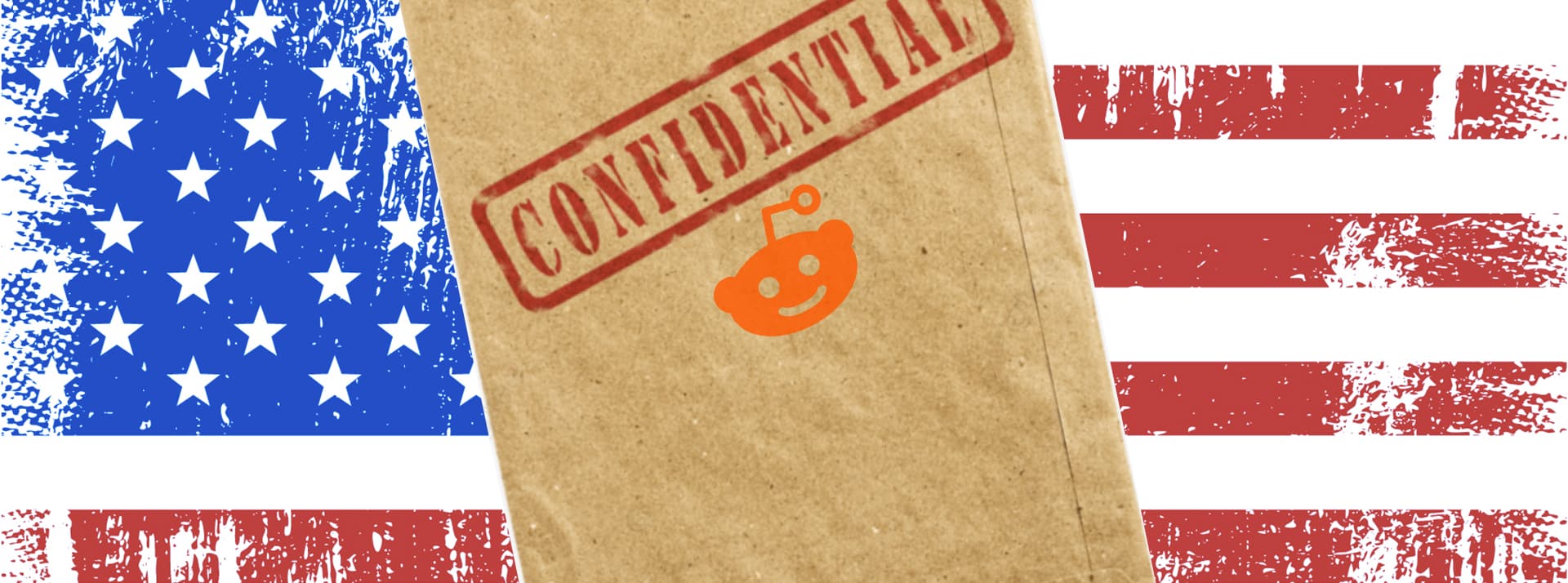 Voulez-vous connaitre les pires secrets des citoyens américains habilités à gérer des info classifiées ? - L'ADN Un drapeau américain en fond et une enveloppe kraft avec "Confidential" et le logo Reddit dessus