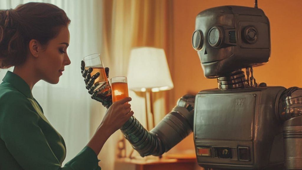 Une femme élégante trinque dans un salon avec un robot