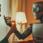 Une femme élégante trinque dans un salon avec un robot