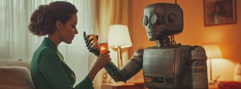 IA : Nous devons nous préparer à une « intelligence addictive » Une femme élégante trinque dans un salon avec un robot