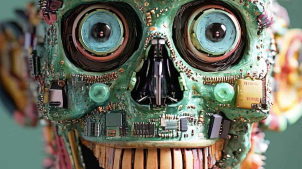 un robot Image IA d'un robot dans les tons verts, un peu flippant