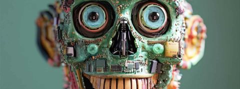 « Nous sommes condamnés à nous faire plaquer par les machines » un robot Image IA d'un robot dans les tons verts, un peu flippant