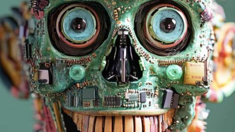 « Nous sommes condamnés à nous faire plaquer par les machines »  un robot Image IA d'un robot dans les tons verts, un peu flippant