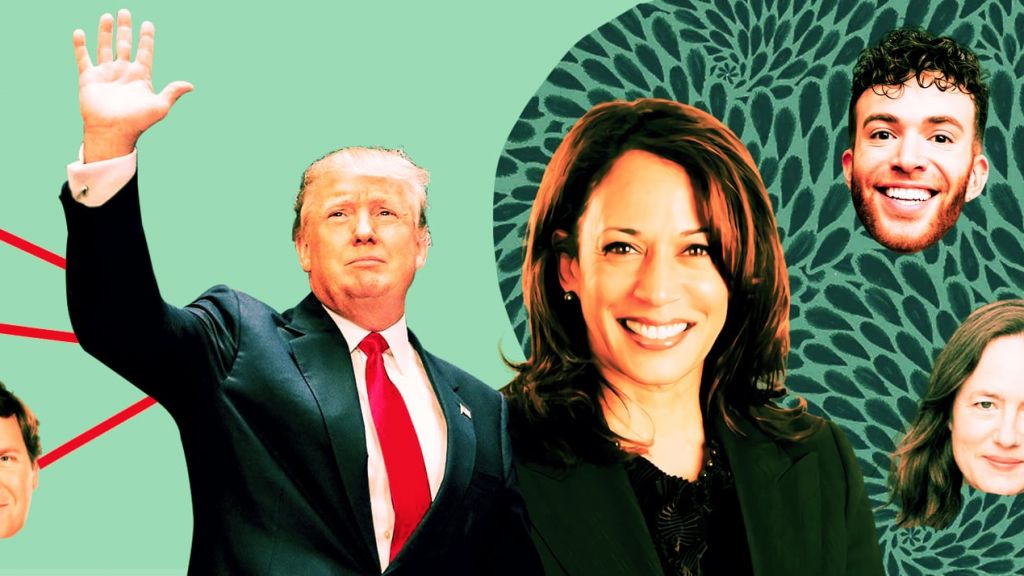 Donald Trump et Kamala Harris entourés d'influenceurs