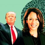 Donald Trump et Kamala Harris entourés d'influenceurs