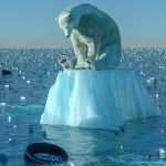 Un ours polaire sur un bout de banquise dans une mer très polluée