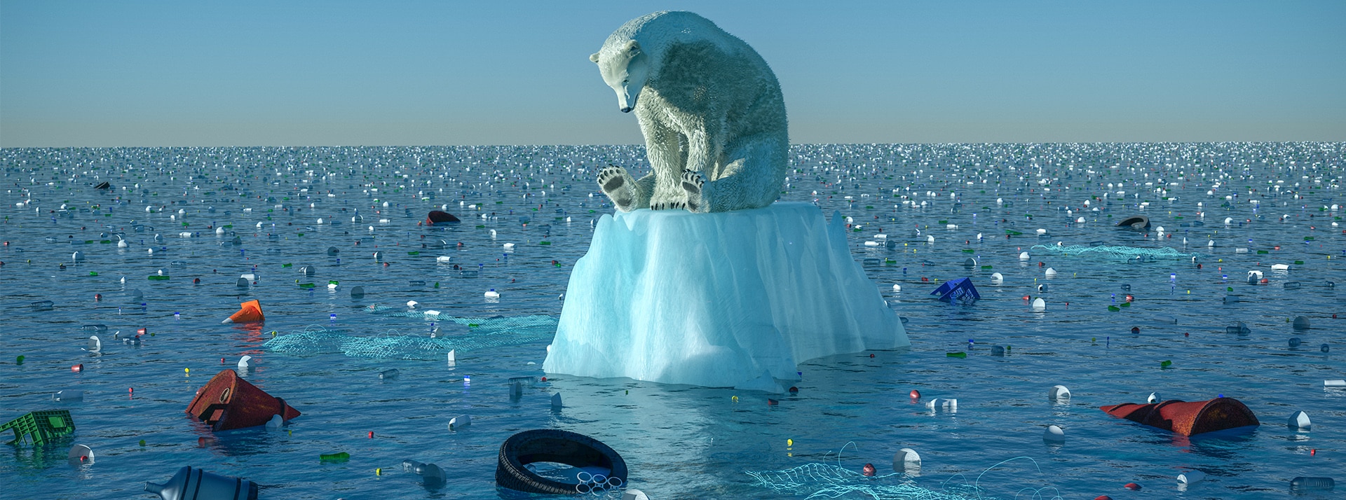 Un ours polaire sur un bout de banquise dans une mer très polluée