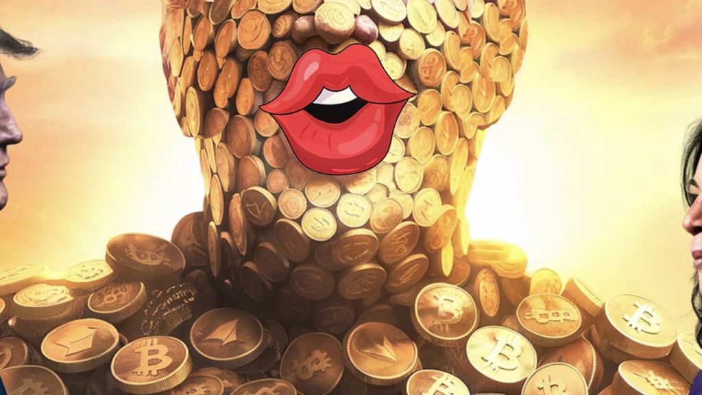 Fairshake, ce lobby des crypto actifs qui veut peser sur l’élection américaine cryptomonnaies Un géant fait de cryptomonnaies avec une grosse bouche rouge entouré de Trump et Harris