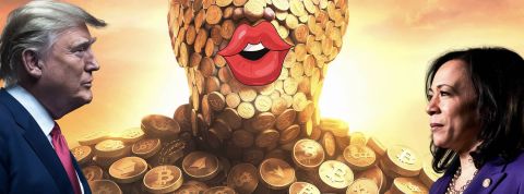 Fairshake, ce lobby des crypto actifs qui veut peser sur l’élection américaine cryptomonnaies Un géant fait de cryptomonnaies avec une grosse bouche rouge entouré de Trump et Harris