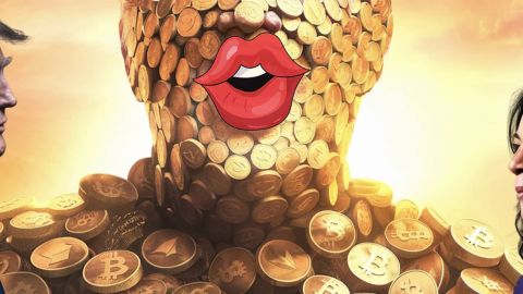 Un géant fait de cryptomonnaies avec une grosse bouche rouge entouré de Trump et Harris