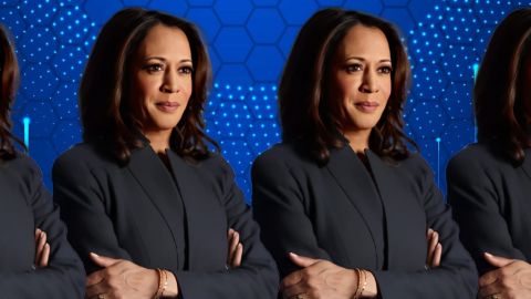 Kamala Harris sur fond digital