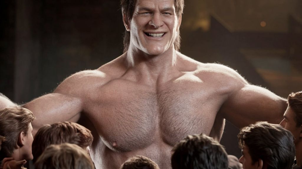 Un géant type Hulk, super musclé, ouvre ses bras à une foule de jeunes hommes