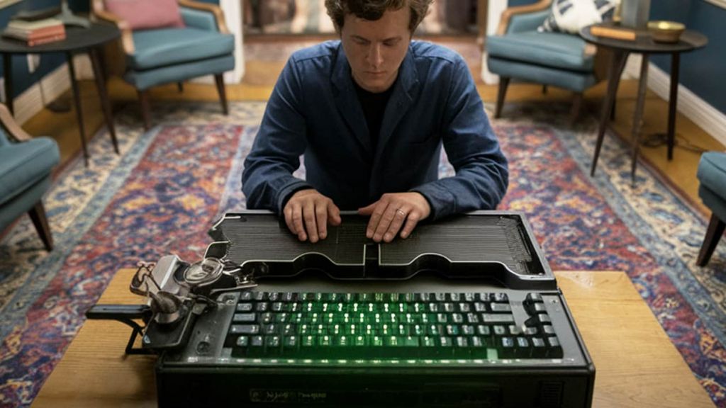 Un écrivain devant une machine à écrire mi rétro, mi futuriste