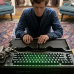 Un écrivain devant une machine à écrire mi rétro, mi futuriste