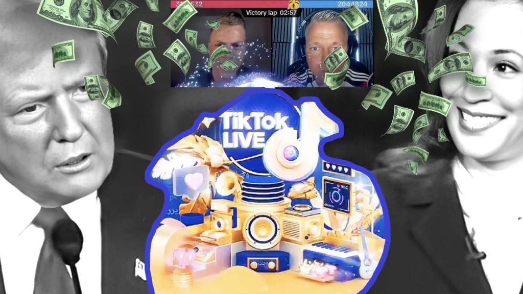 Live Battles : TikTok fait la fortune d'ados américains pro Trump ou Harris Trump et Harris avec deux joueurs TikTok et des dollars qui tombent