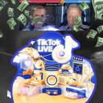 Trump et Harris avec deux joueurs TikTok et des dollars qui tombent