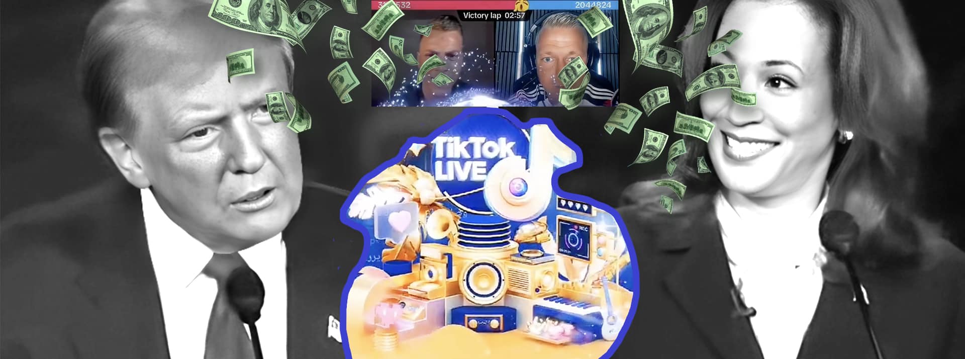 Live Battles : TikTok fait la fortune d'ados américains pro Trump ou Harris - L'ADN Trump et Harris avec deux joueurs TikTok et des dollars qui tombent