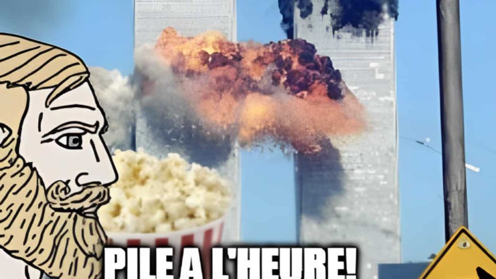 Un mème sur le 11 septembre avec les 2 tours en feu et une illustration d'un homme qui regarde avec son popcorn comme au cinéma